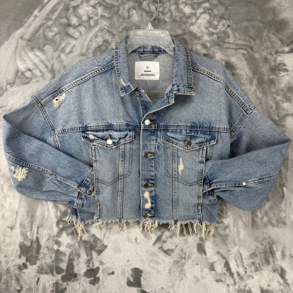 H&M &Denim Womens Light Wash Distressed Cropped Jean Jacket Blue Small Bikercore - Picture 16 of 16